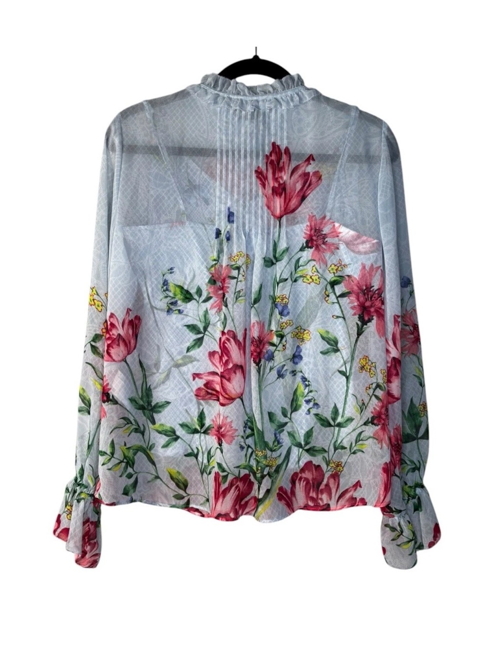 White House Black Market WHBM Blue Floral Sheer Blouse with Liner Medium M Top - Picture 4 of 5